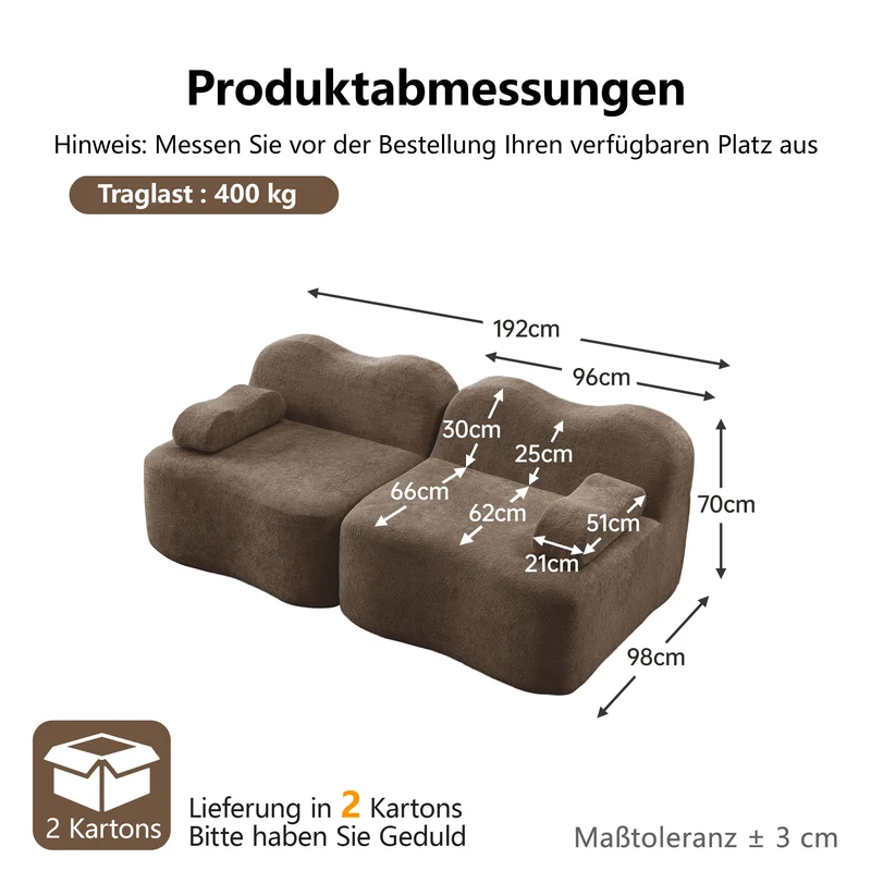 Canapé 2 places modulable en velours marron, 192 cm, design ondulé, sans montage
