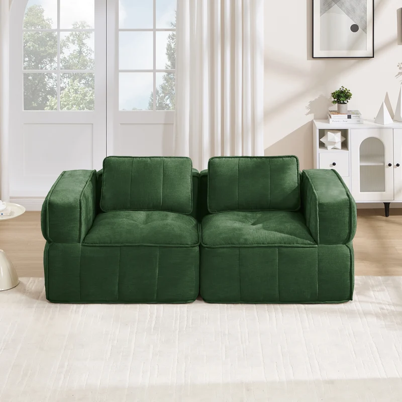 Canapé 2 places modulable vert 198 cm en polyester, style moderne, assise profonde sans montage