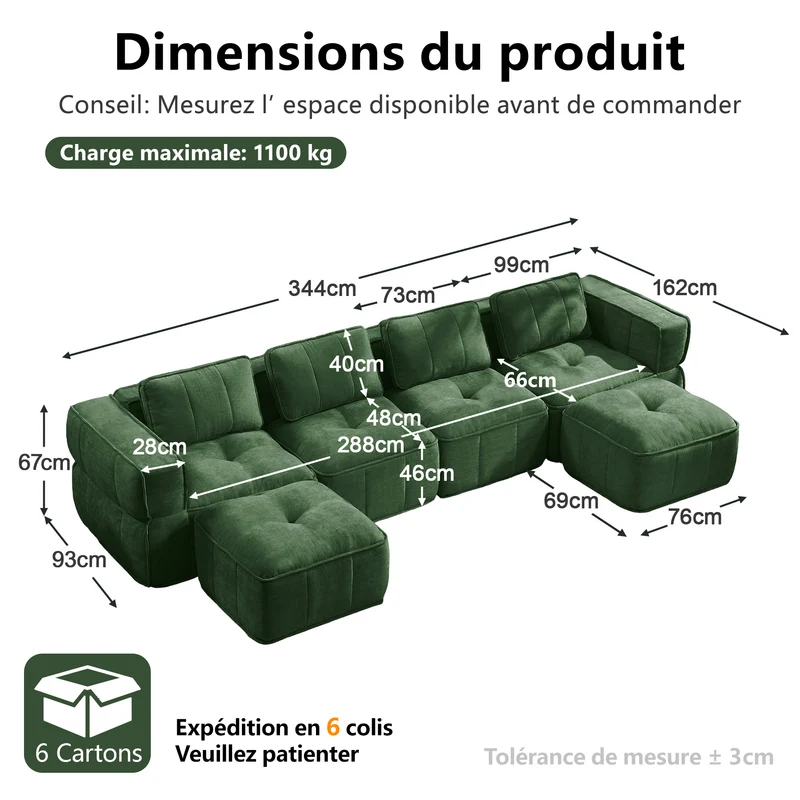 Canapé 2 places modulable vert 198 cm en polyester, style moderne, assise profonde sans montage