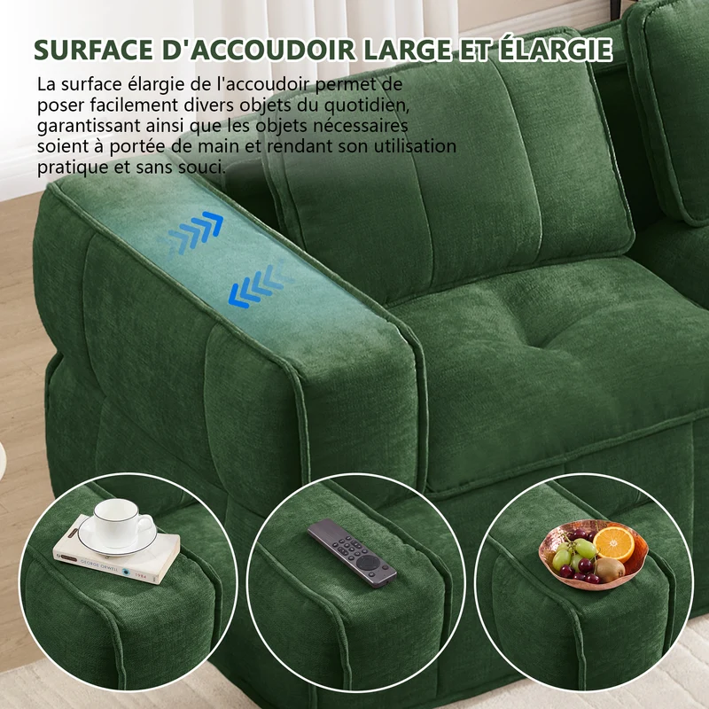 Canapé 2 places modulable vert 198 cm en polyester, style moderne, assise profonde sans montage