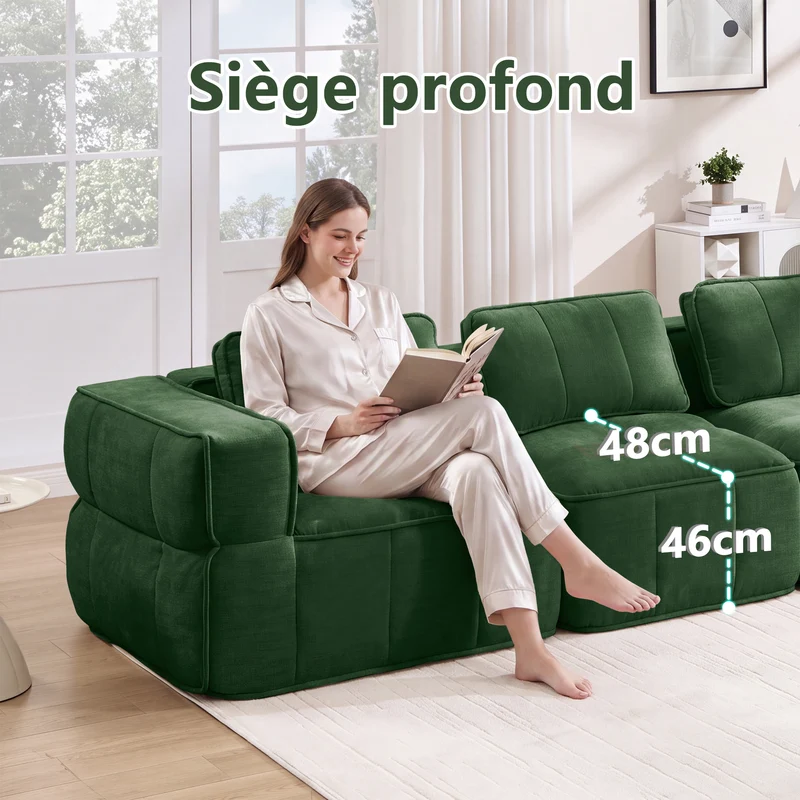 Canapé 2 places modulable vert 198 cm en polyester, style moderne, assise profonde sans montage