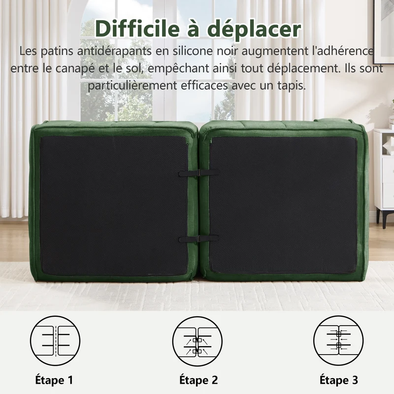 Canapé 2 places modulable vert 198 cm en polyester, style moderne, assise profonde sans montage