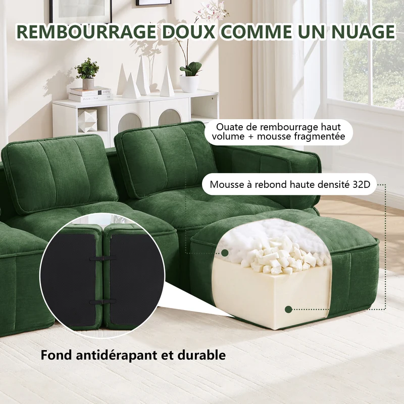 Canapé 2 places modulable vert 198 cm en polyester, style moderne, assise profonde sans montage