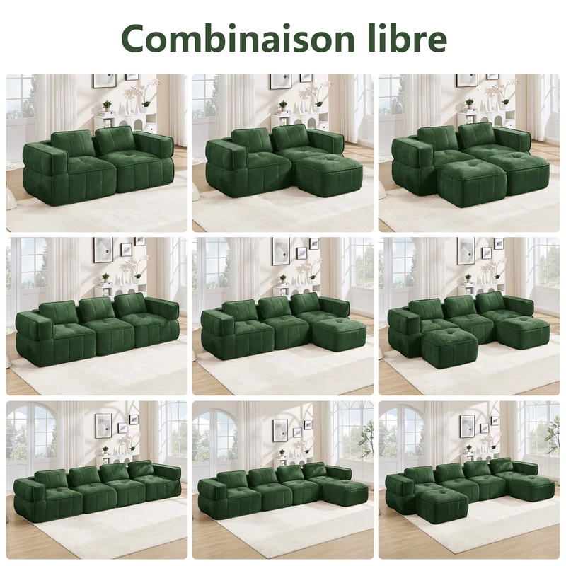Canapé 2 places modulable vert 198 cm en polyester, style moderne, assise profonde sans montage
