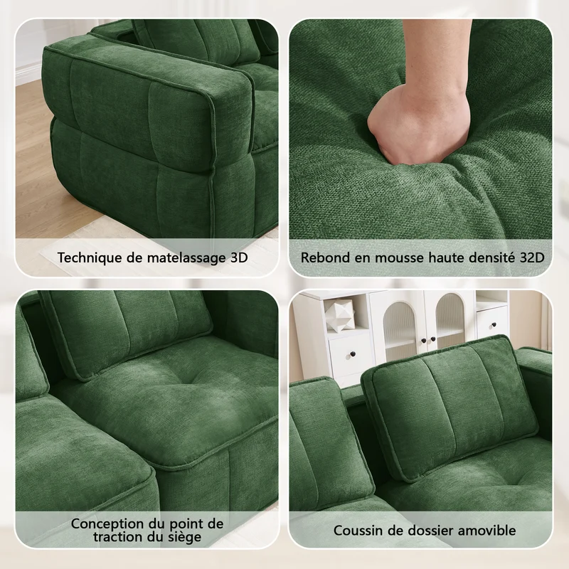 Canapé 2 places modulable vert 198 cm en polyester, style moderne, assise profonde sans montage