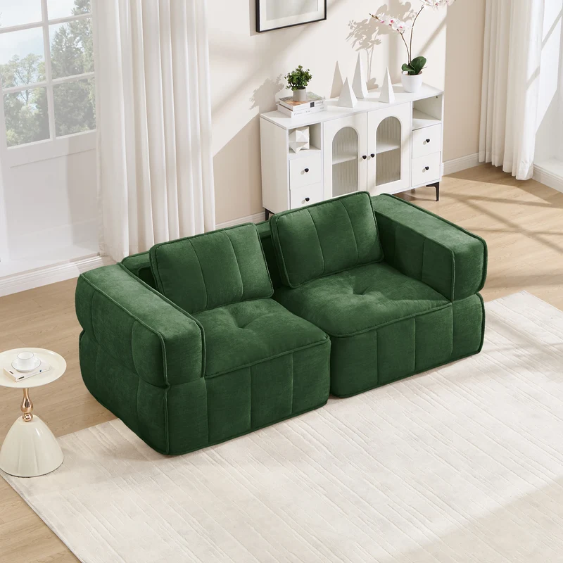 Canapé 2 places modulable vert 198 cm en polyester, style moderne, assise profonde sans montage