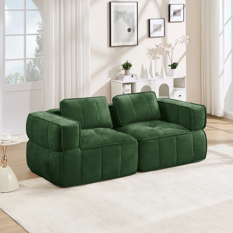 Canapé 2 places modulable vert 198 cm en polyester, style moderne, assise profonde sans montage