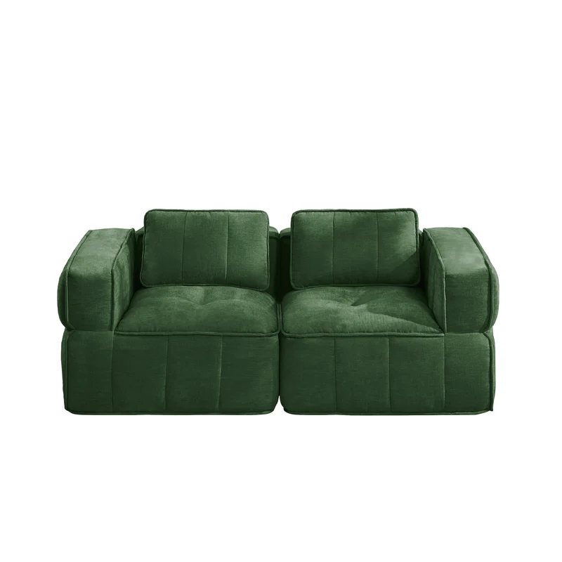 Canapé 2 places modulable vert 198 cm en polyester, style moderne, assise profonde sans montage