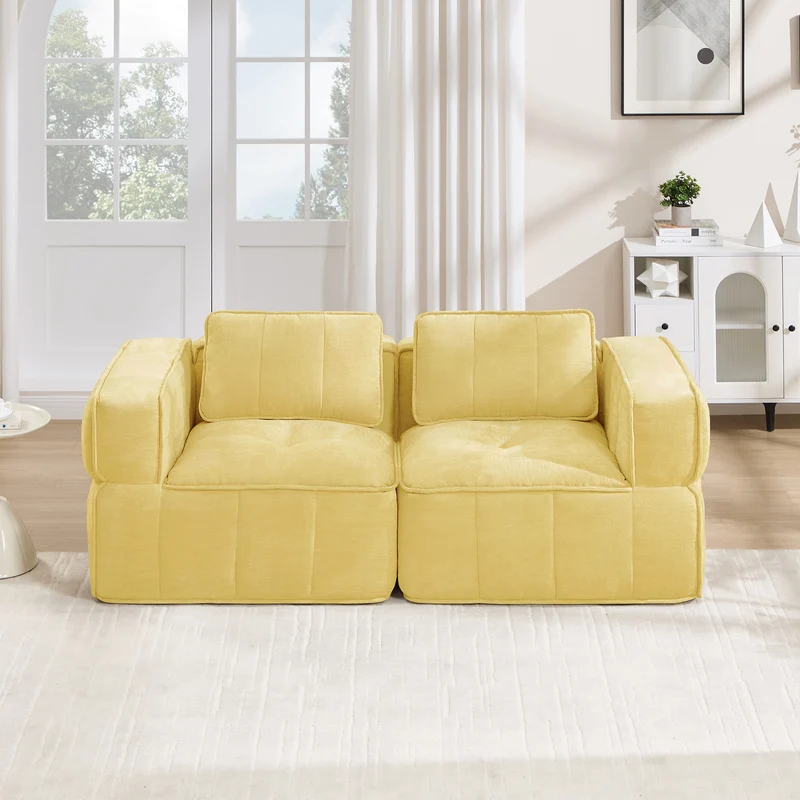 Canapé modulable 2 places jaune, 198 cm, polyester, mousse 32D, sans montage