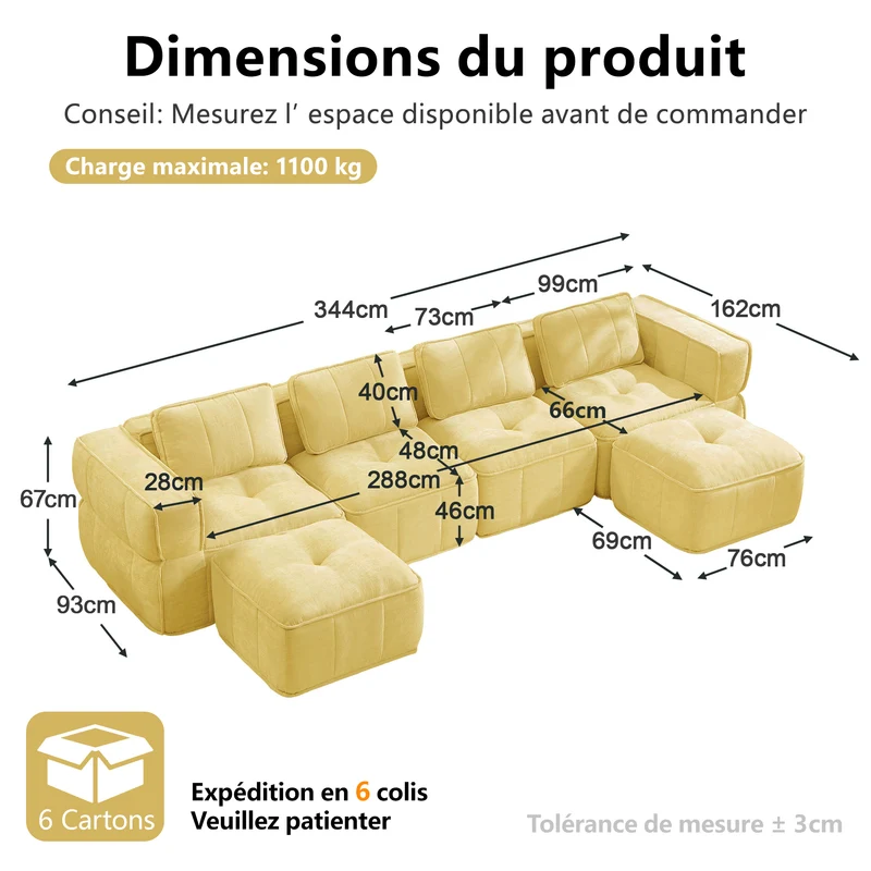 Canapé modulable 2 places jaune, 198 cm, polyester, mousse 32D, sans montage