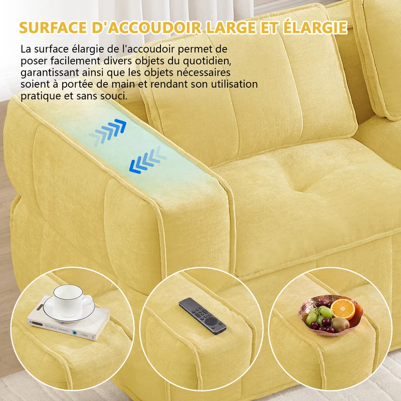 Canapé modulable 2 places jaune, 198 cm, polyester, mousse 32D, sans montage