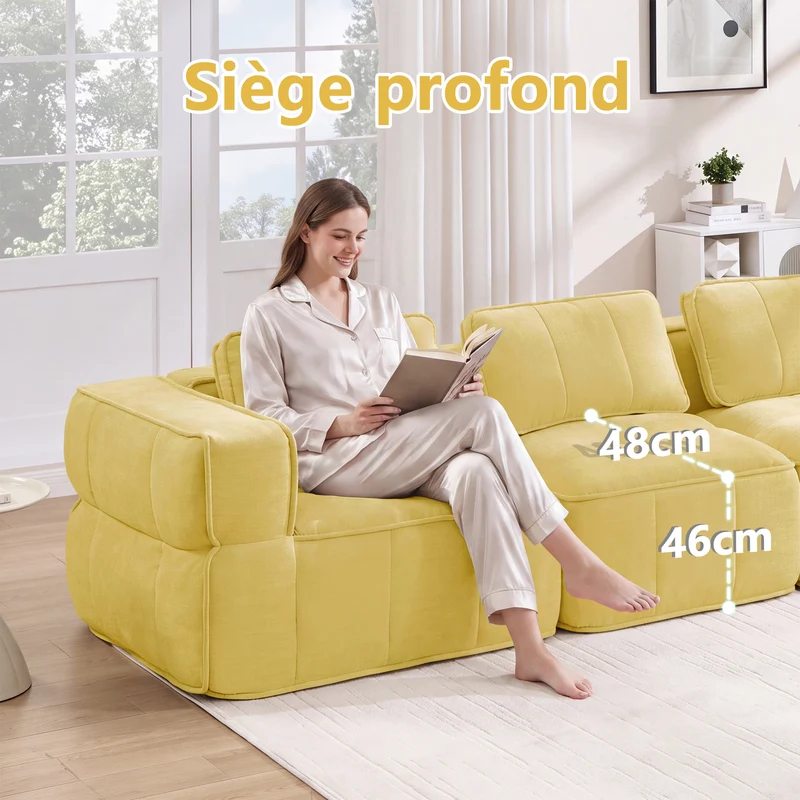 Canapé modulable 2 places jaune, 198 cm, polyester, mousse 32D, sans montage
