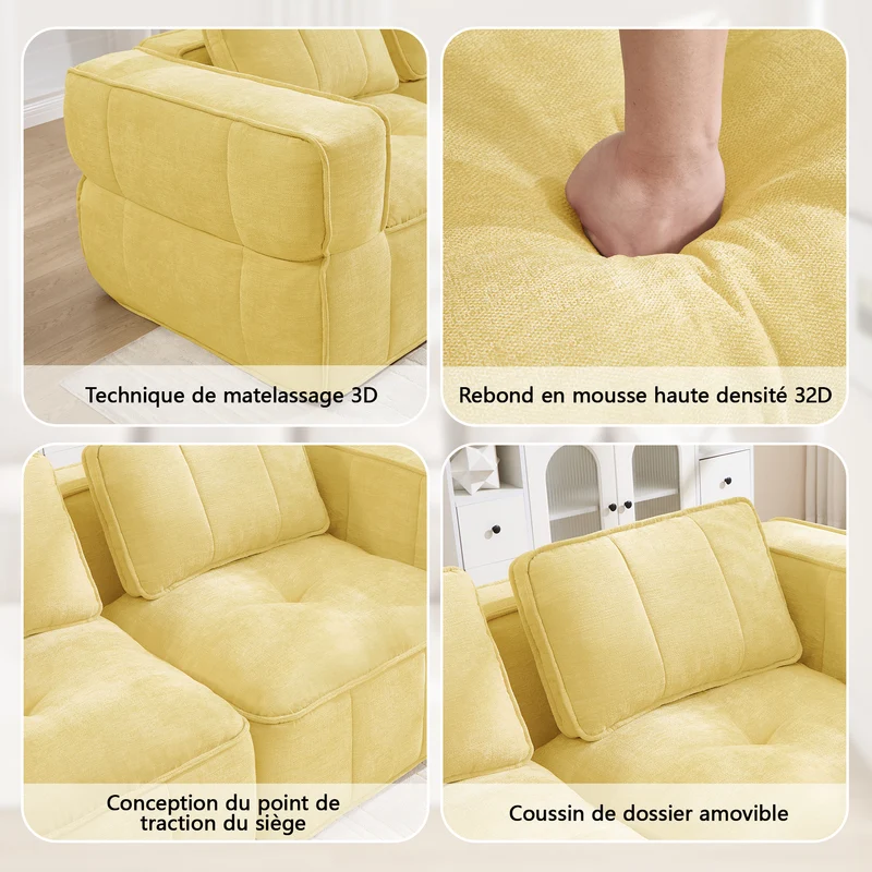 Canapé modulable 2 places jaune, 198 cm, polyester, mousse 32D, sans montage