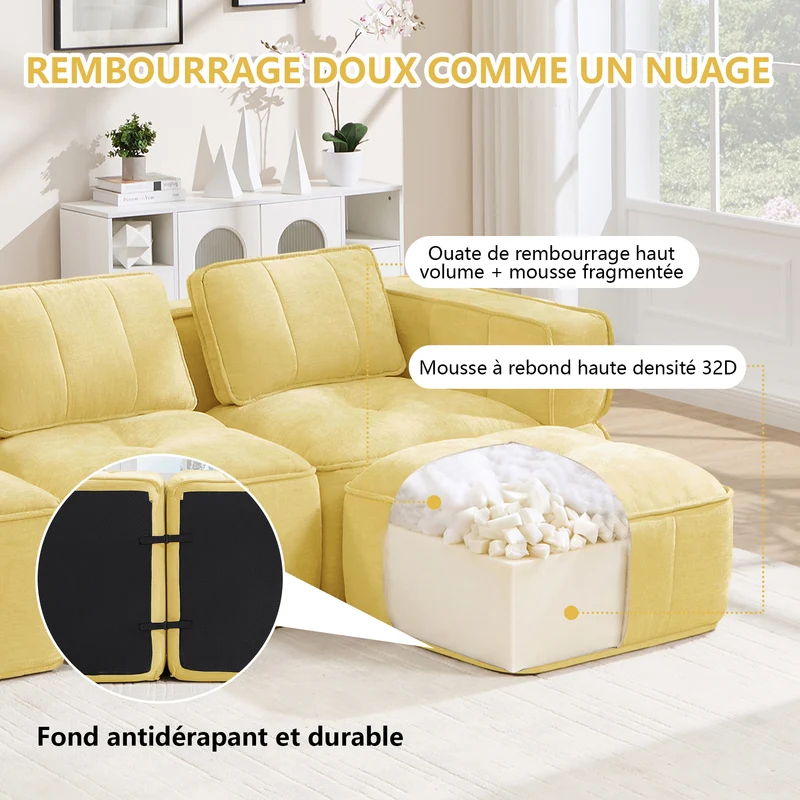 Canapé modulable 2 places jaune, 198 cm, polyester, mousse 32D, sans montage