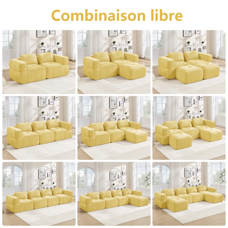Canapé modulable 2 places jaune, 198 cm, polyester, mousse 32D, sans montage