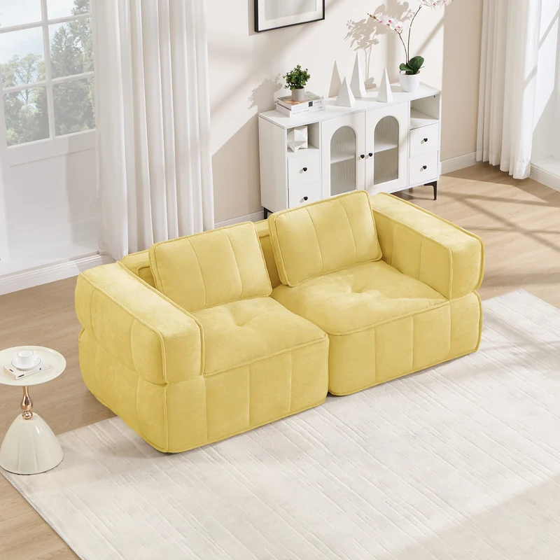 Canapé modulable 2 places jaune, 198 cm, polyester, mousse 32D, sans montage