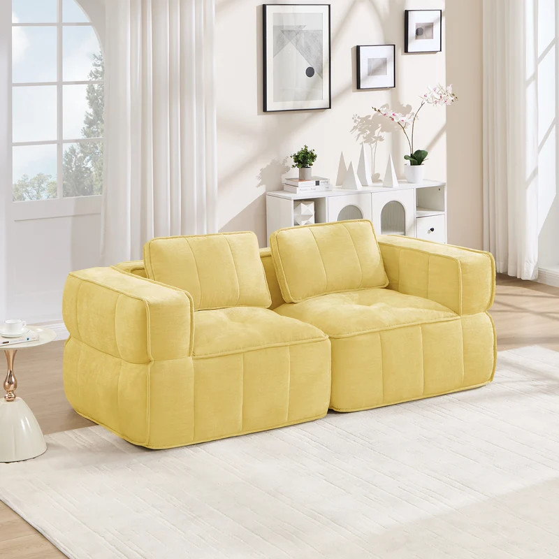 Canapé modulable 2 places jaune, 198 cm, polyester, mousse 32D, sans montage