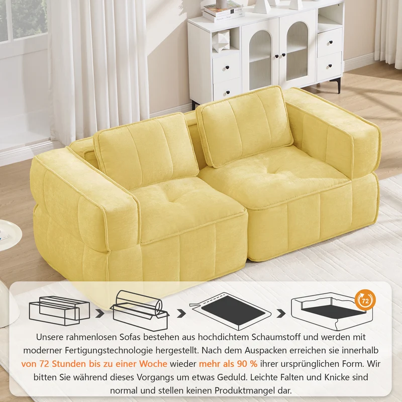 Canapé modulable 2 places jaune, 198 cm, polyester, mousse 32D, sans montage