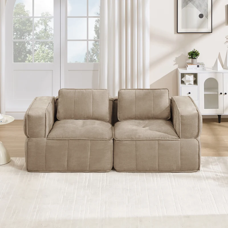 Canapé 2 places modulable 198 cm en polyester sable, sans structure, assise profonde