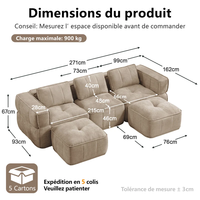 Canapé 2 places modulable 198 cm en polyester sable, sans structure, assise profonde