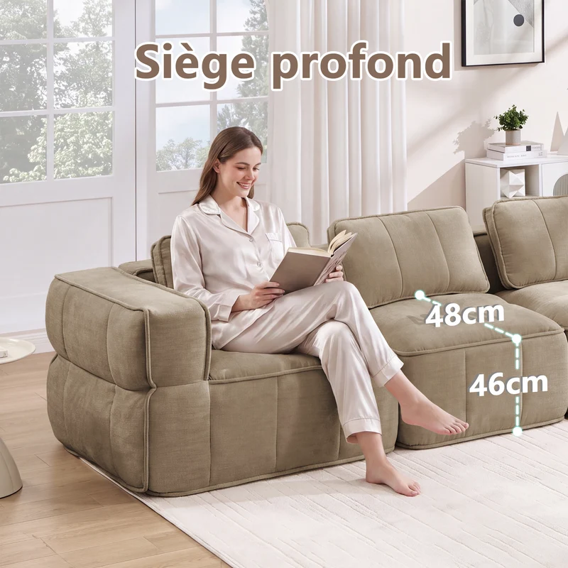 Canapé 2 places modulable 198 cm en polyester sable, sans structure, assise profonde