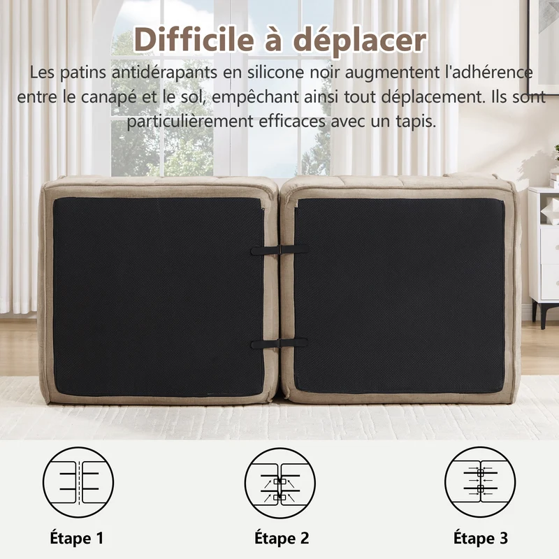 Canapé 2 places modulable 198 cm en polyester sable, sans structure, assise profonde