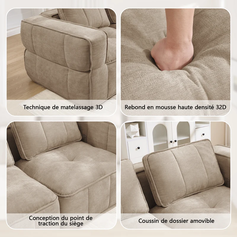 Canapé 2 places modulable 198 cm en polyester sable, sans structure, assise profonde