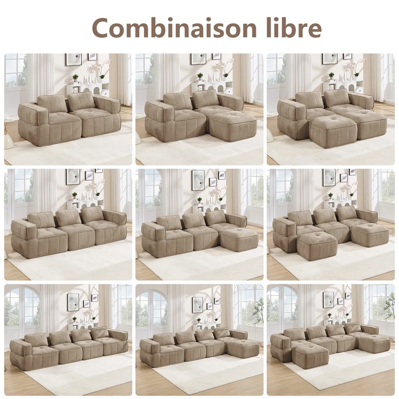 Canapé 2 places modulable 198 cm en polyester sable, sans structure, assise profonde