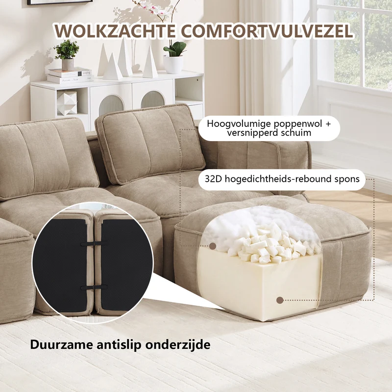 Canapé 2 places modulable 198 cm en polyester sable, sans structure, assise profonde