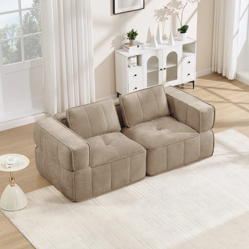 Canapé 2 places modulable 198 cm en polyester sable, sans structure, assise profonde