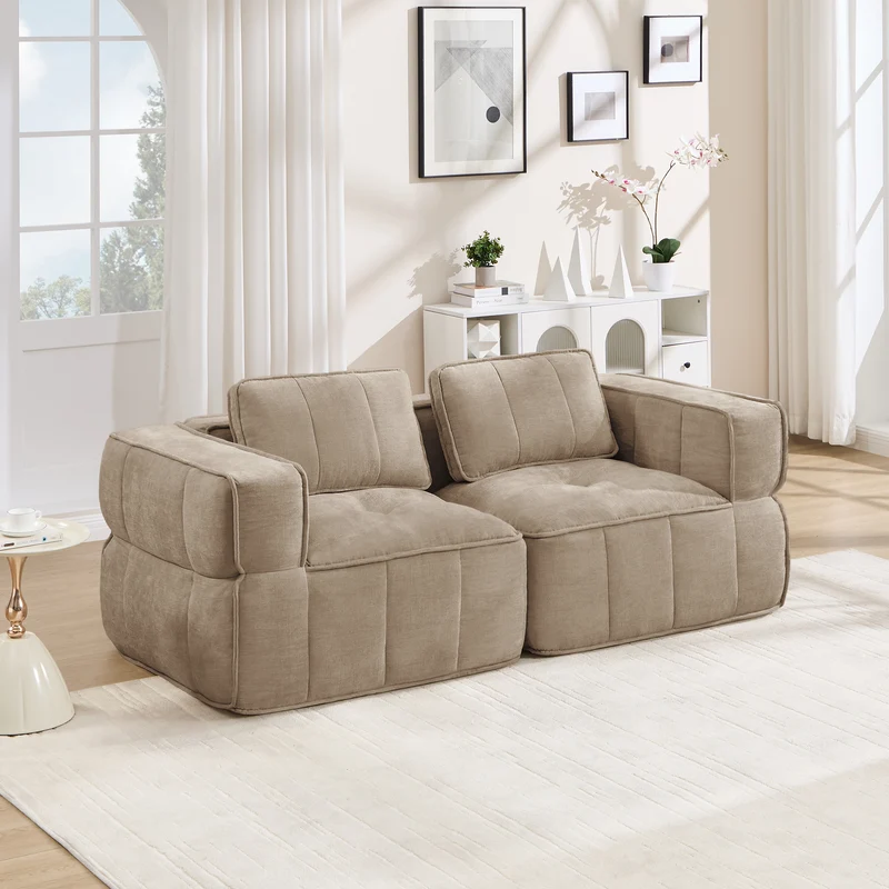 Canapé 2 places modulable 198 cm en polyester sable, sans structure, assise profonde