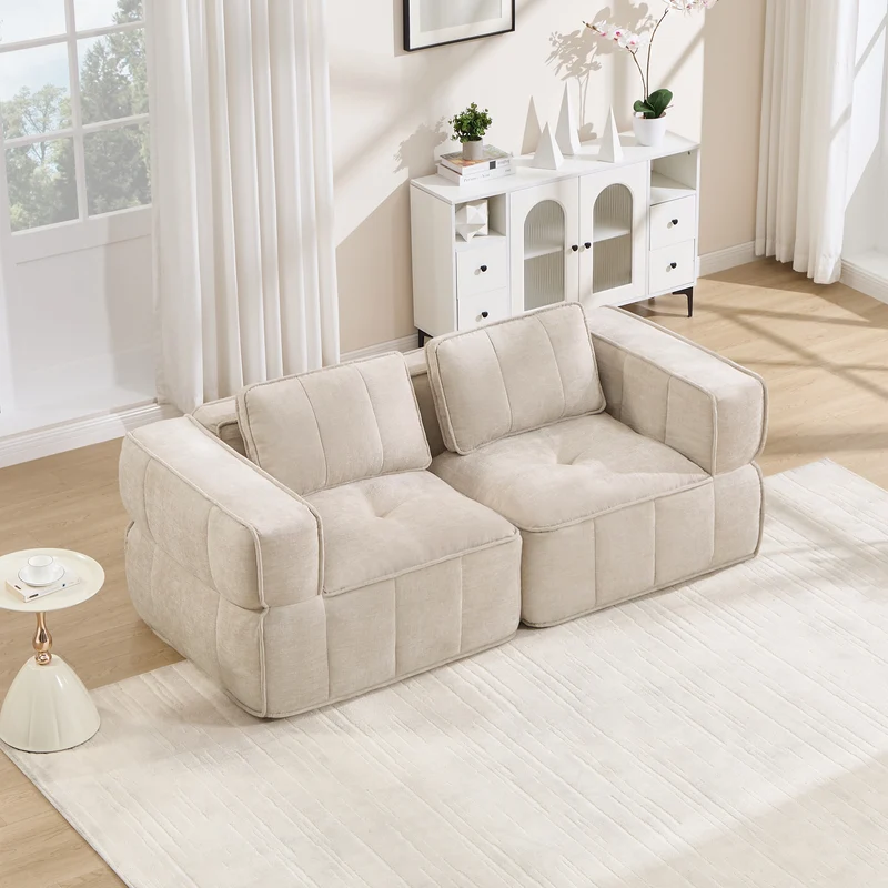 Canapé 2 places modulable beige 198 cm en polyester, assise profonde, sans montage