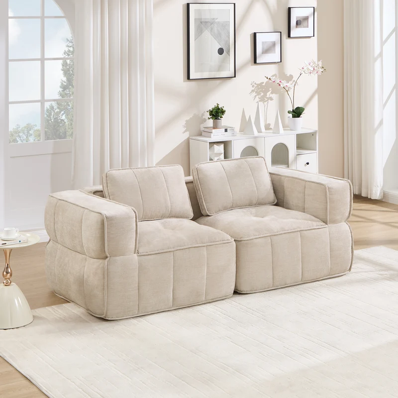 Canapé 2 places modulable beige 198 cm en polyester, assise profonde, sans montage