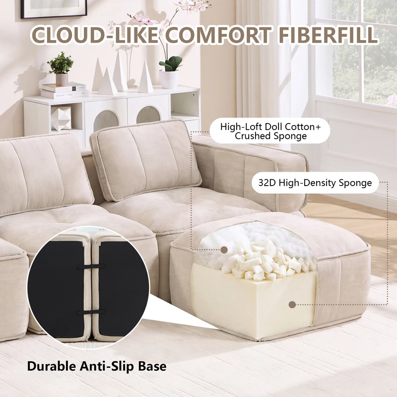 Canapé 2 places modulable beige 198 cm en polyester, assise profonde, sans montage