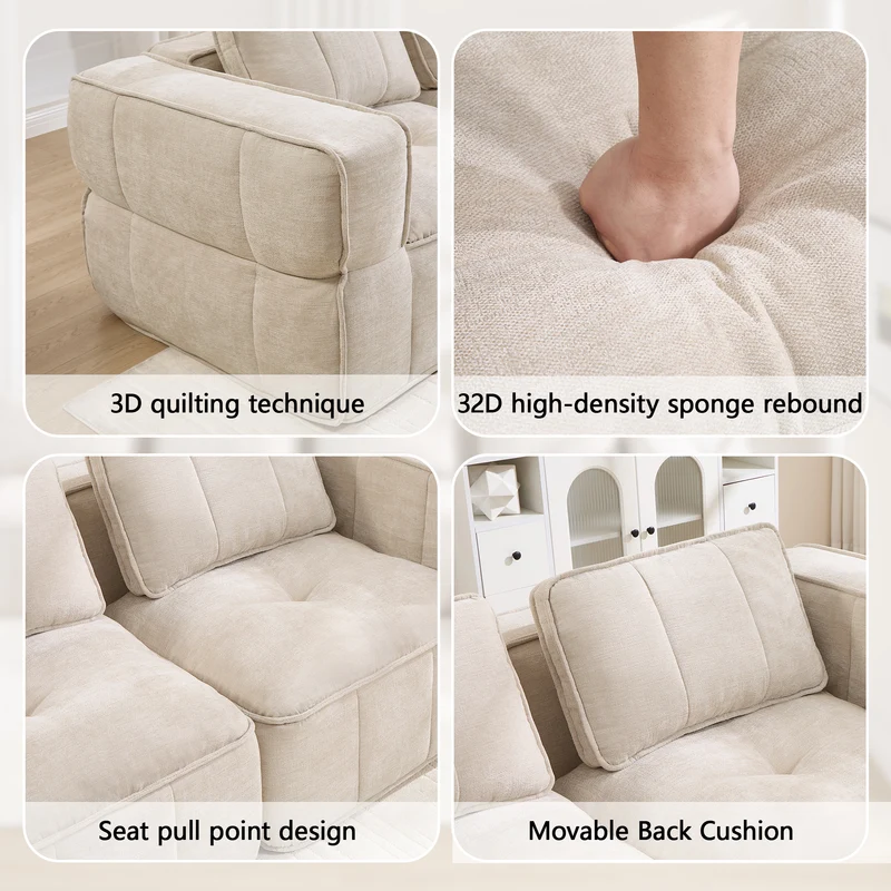 Canapé 2 places modulable beige 198 cm en polyester, assise profonde, sans montage
