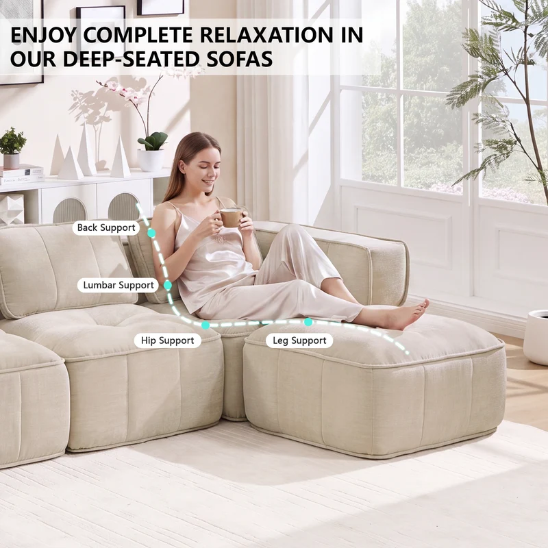 Canapé 2 places modulable beige 198 cm en polyester, assise profonde, sans montage