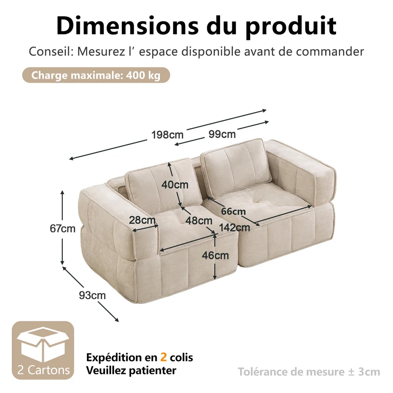 Canapé 2 places modulable beige 198 cm en polyester, assise profonde, sans montage