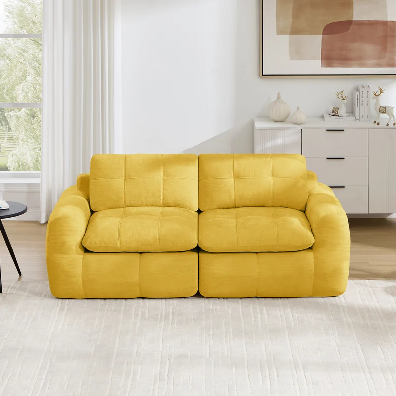 Canapé modulable 2 places jaune en chenille, 194 cm, assise profonde, sans montage