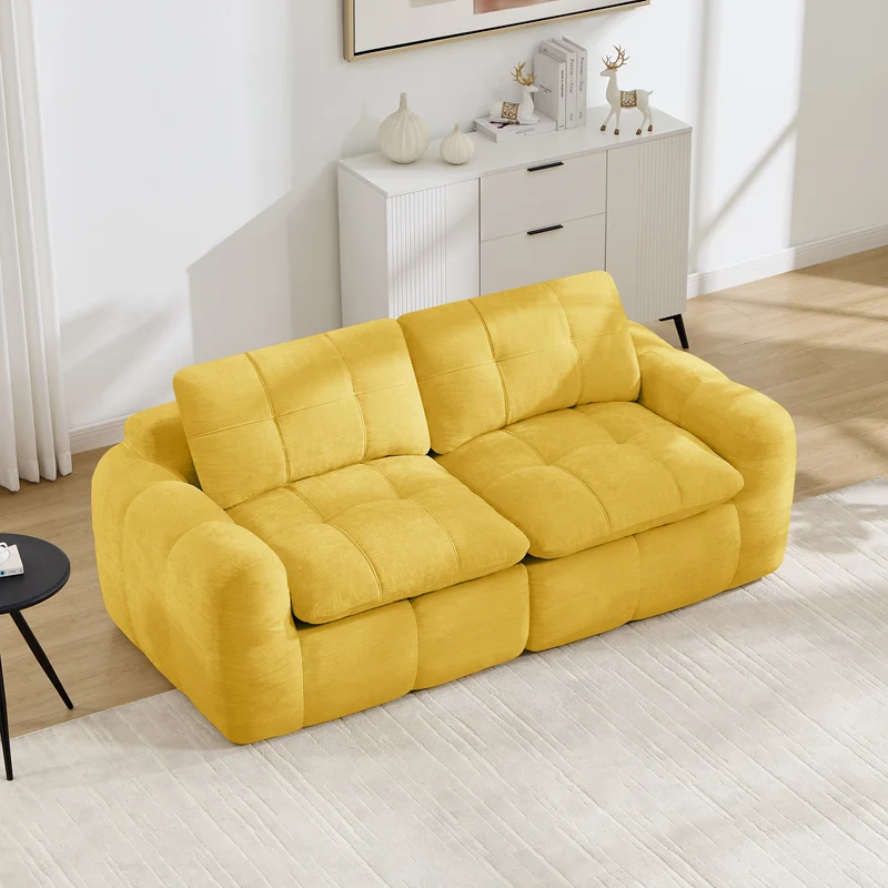 Canapé modulable 2 places jaune en chenille, 194 cm, assise profonde, sans montage