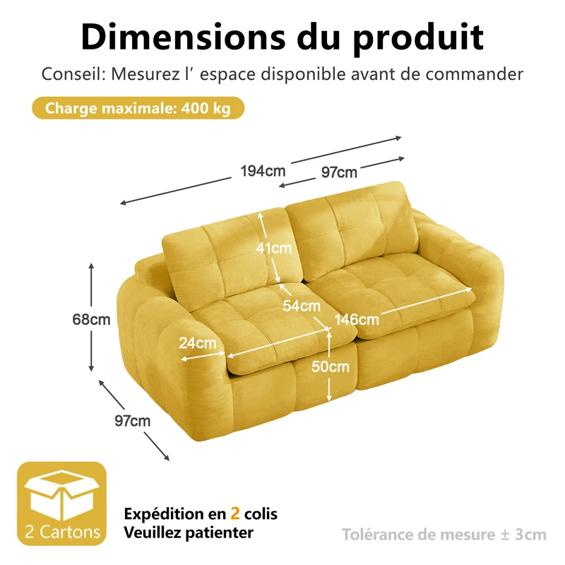 Canapé modulable 2 places jaune en chenille, 194 cm, assise profonde, sans montage