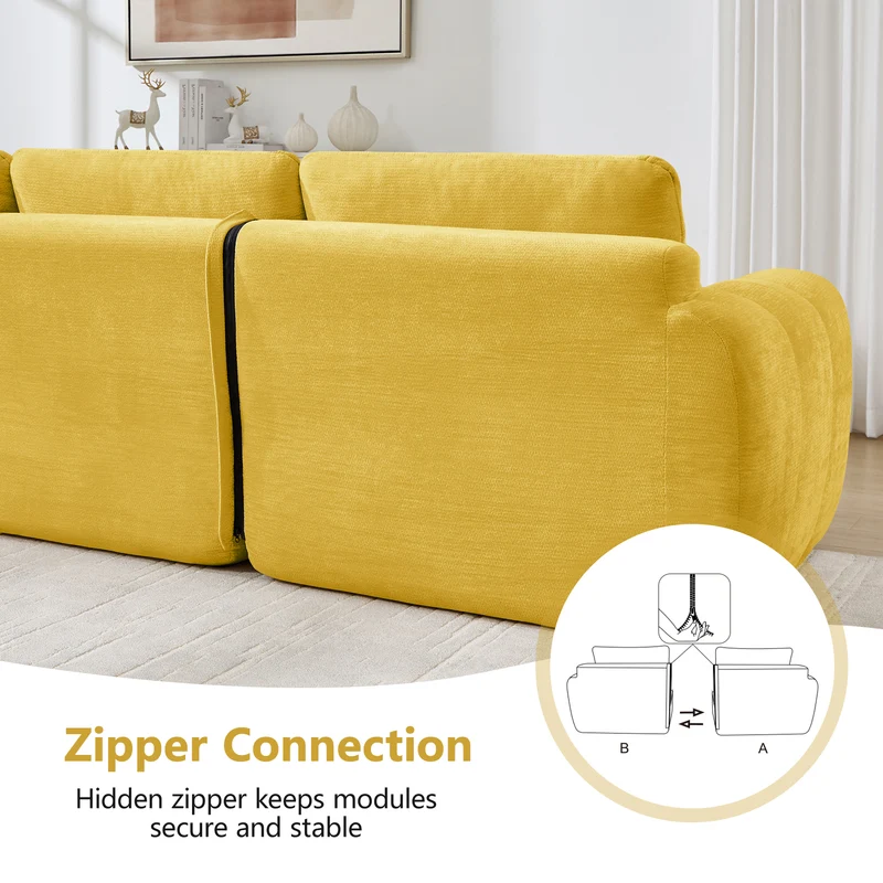 Canapé modulable 2 places jaune en chenille, 194 cm, assise profonde, sans montage