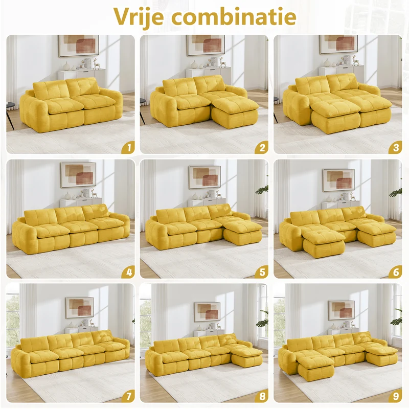 Canapé modulable 2 places jaune en chenille, 194 cm, assise profonde, sans montage