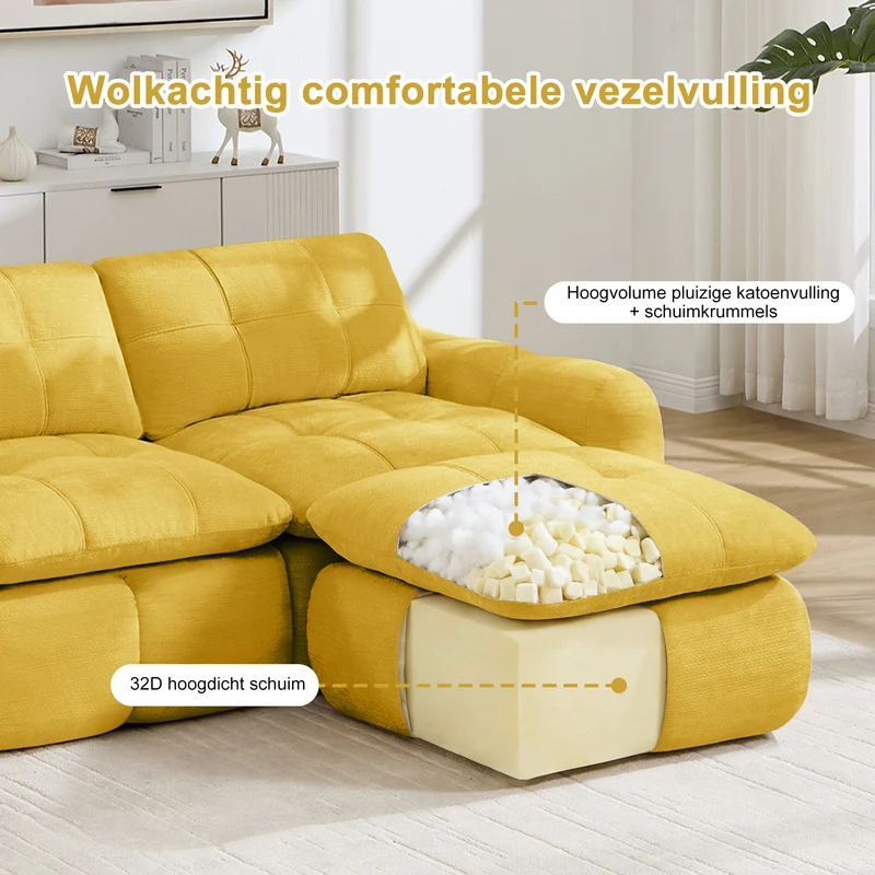 Canapé modulable 2 places jaune en chenille, 194 cm, assise profonde, sans montage