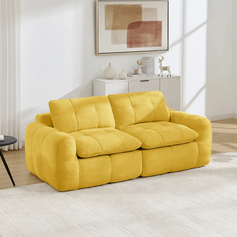 Canapé modulable 2 places jaune en chenille, 194 cm, assise profonde, sans montage