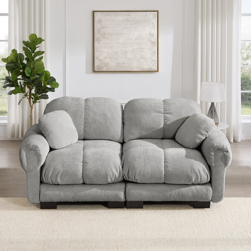 Canapé 2 places en chenille gris clair 190 cm, modulable, assise épaisse et design matelassé