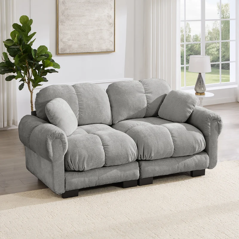 Canapé 2 places en chenille gris clair 190 cm, modulable, assise épaisse et design matelassé