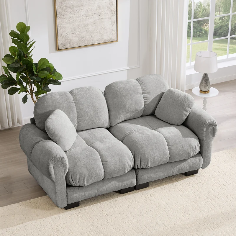 Canapé 2 places en chenille gris clair 190 cm, modulable, assise épaisse et design matelassé