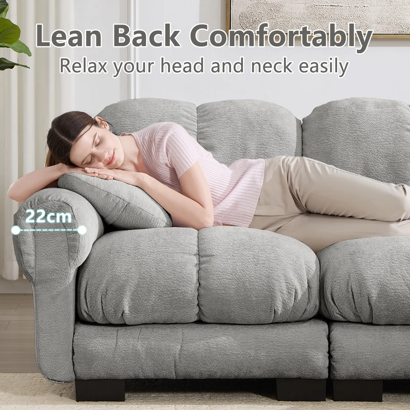 Canapé 2 places en chenille gris clair 190 cm, modulable, assise épaisse et design matelassé
