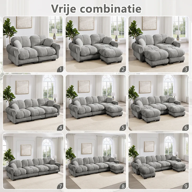 Canapé 2 places en chenille gris clair 190 cm, modulable, assise épaisse et design matelassé