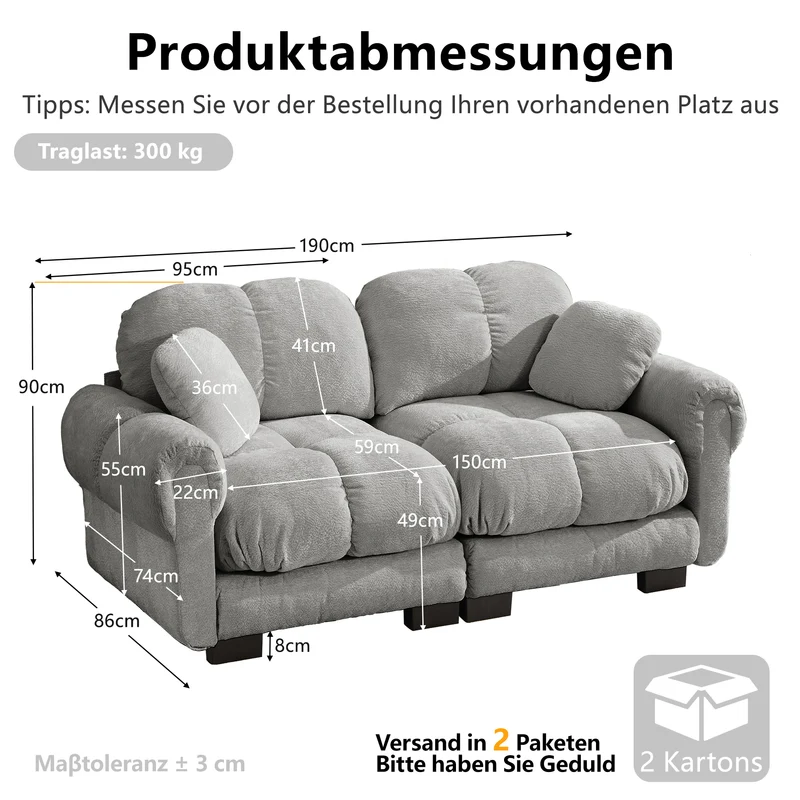 Canapé 2 places en chenille gris clair 190 cm, modulable, assise épaisse et design matelassé